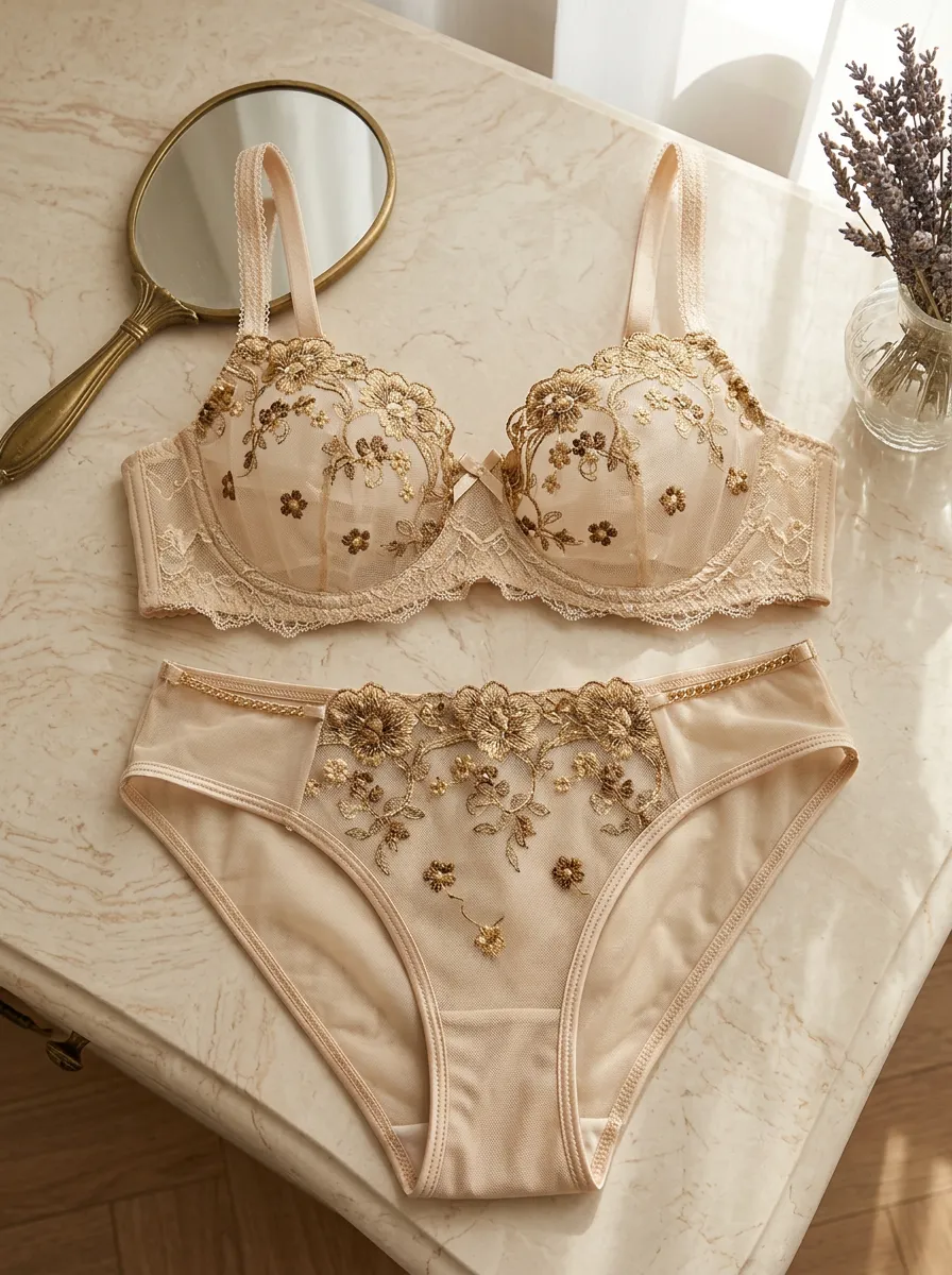 Women's Floral Embroidery Mesh Floral Elastic Underband Lingerie Set