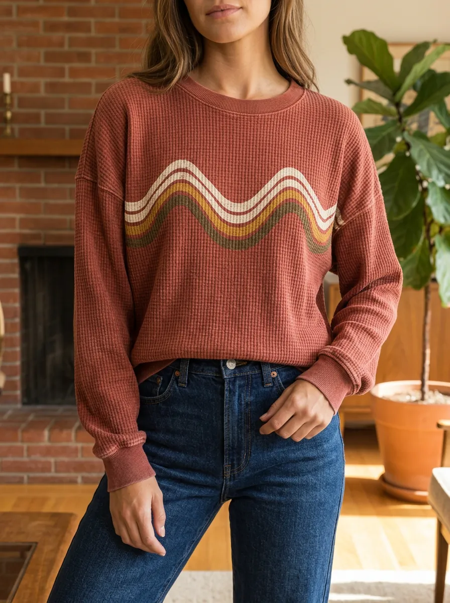 Women's Retro Wave Pattern Waffle Knit Crewneck Sweatshirt