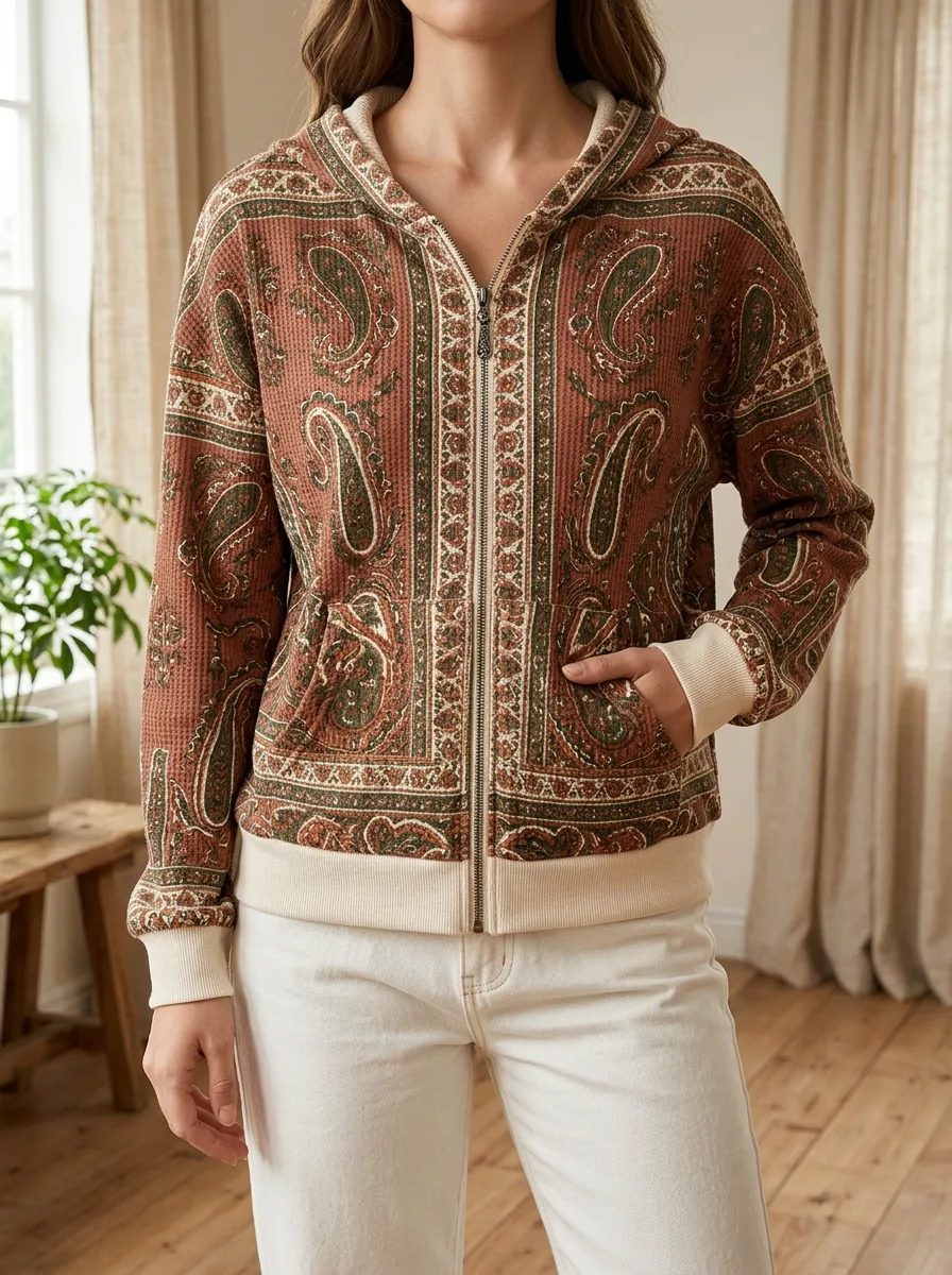Women's Boho Paisley Signature Design Waffle Zip-Up Hoodie