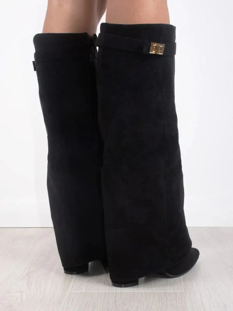 Knee Tall Boots Wide Flare Top Block Heel