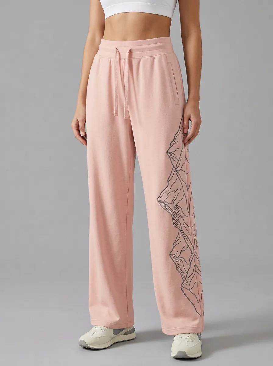 Women's Beige Mountain Graphic Wide-Leg Sweatpants