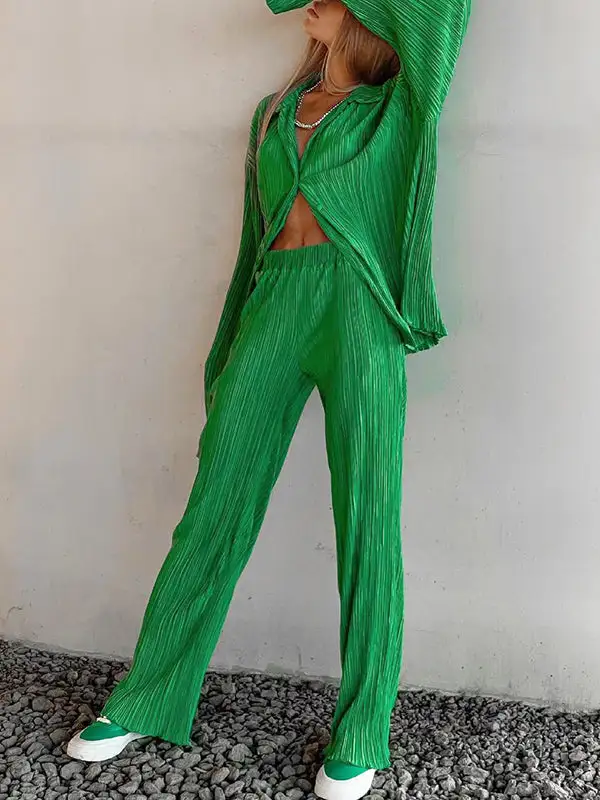 Pleated Blouse Wide Leg Set
