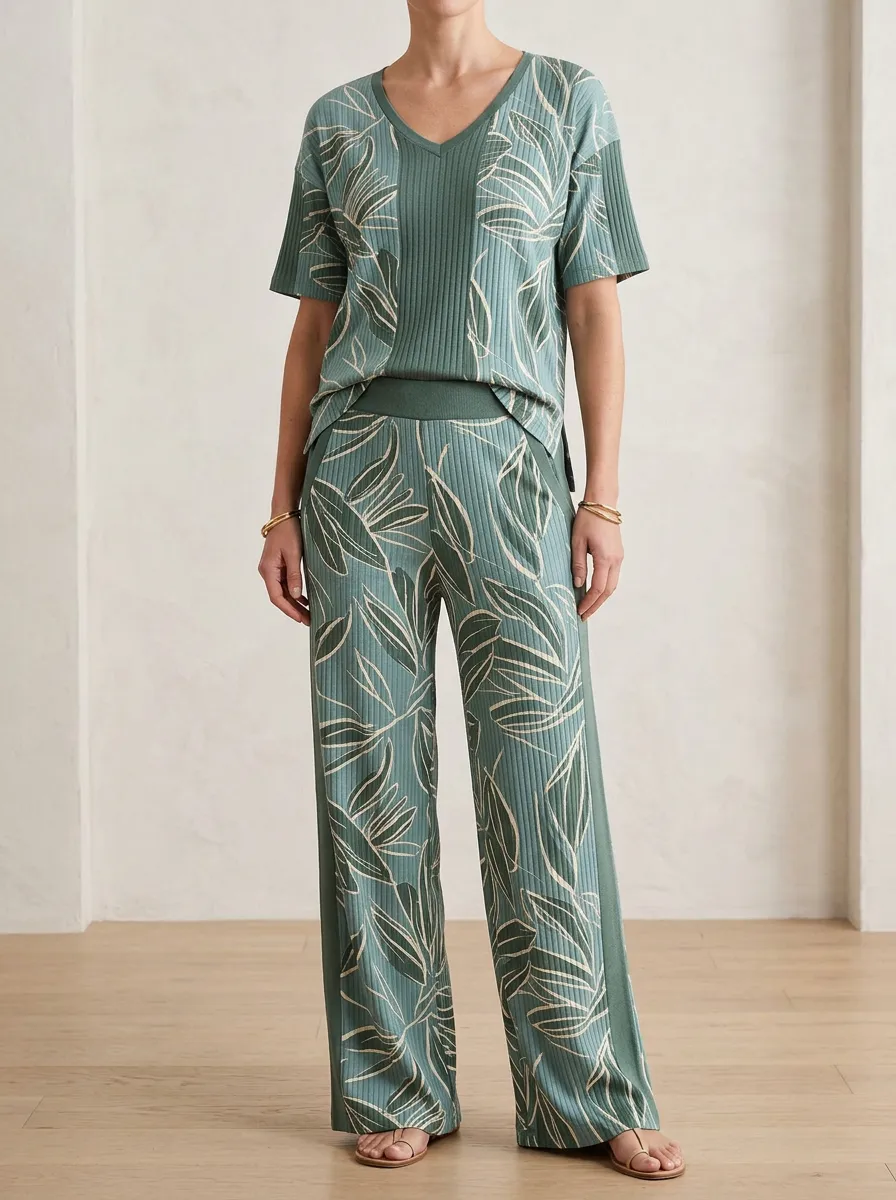 Women's Casual Botanical Leaf Patterned V-Neck Wide Leg Pants Set