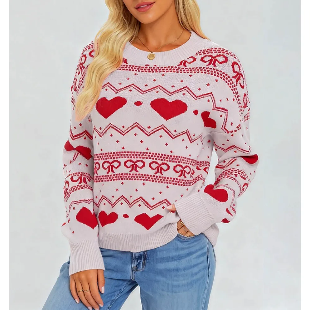 Valentine Heart and Bow Pattern Pullover Sweater