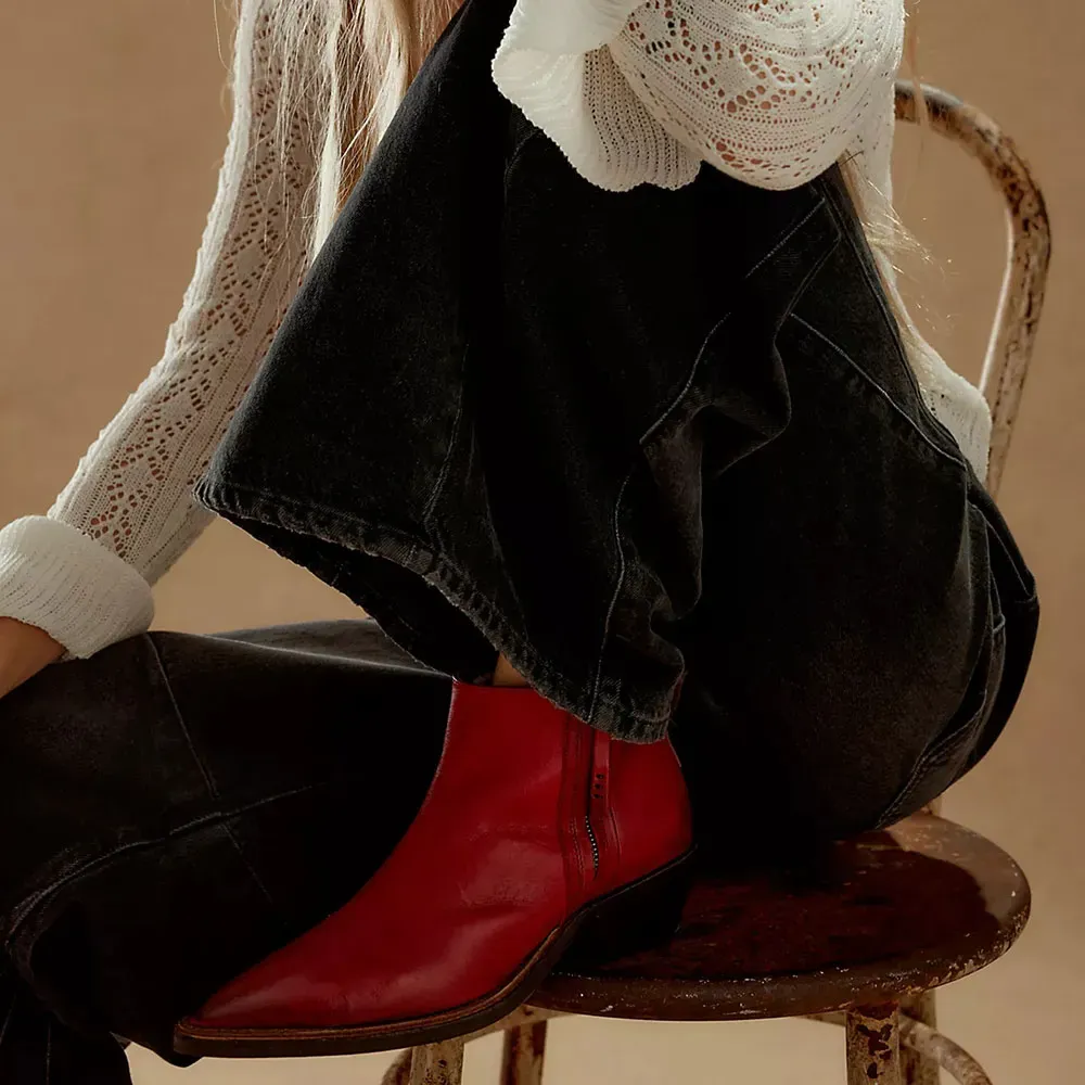 Faux-Leather Zip-Up Pointed-Toe Block-Heel Ankle Boots