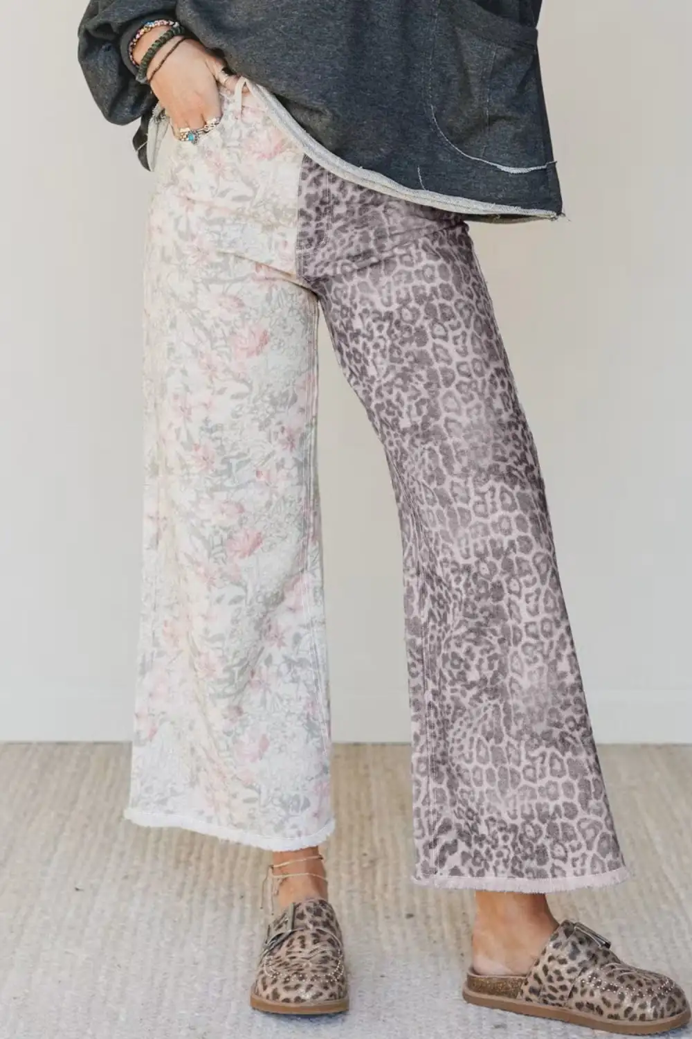 Women's Retro Floral Leopard Contrast Patchwork Raw Hem Jeans