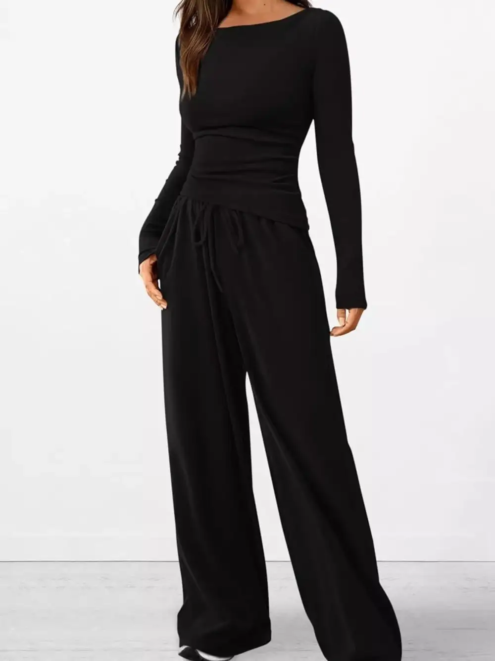 Relaxed Long Sleeve Top and Wide Leg Pants Set