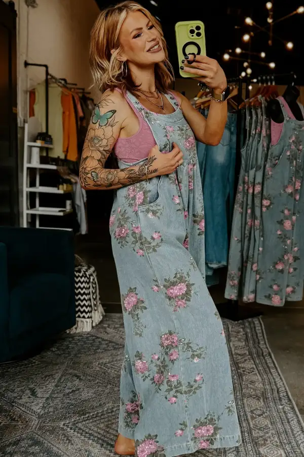 Floral Print Pleated High Waist Wide Denim Pants