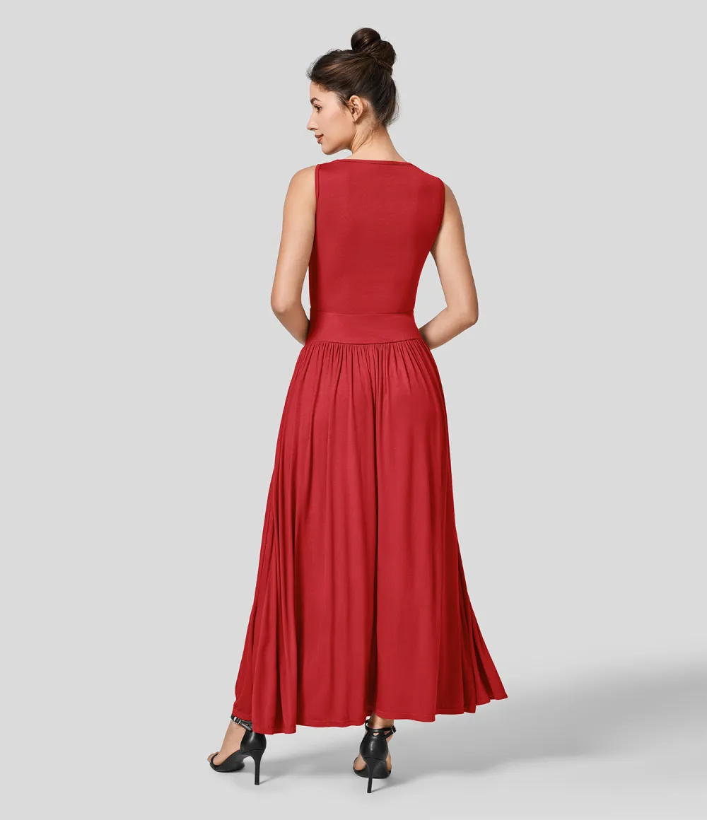 Ribbed Boat Neck Ruched Side Pocket Flowy Maxi Casual Dress