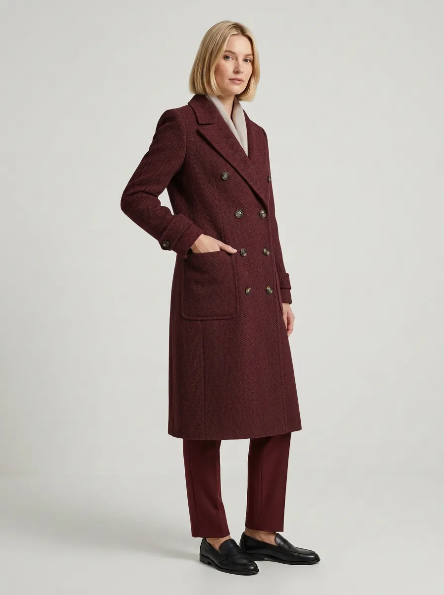 Women's Classic Herringbone Pattern Double-Breasted Wool Coat