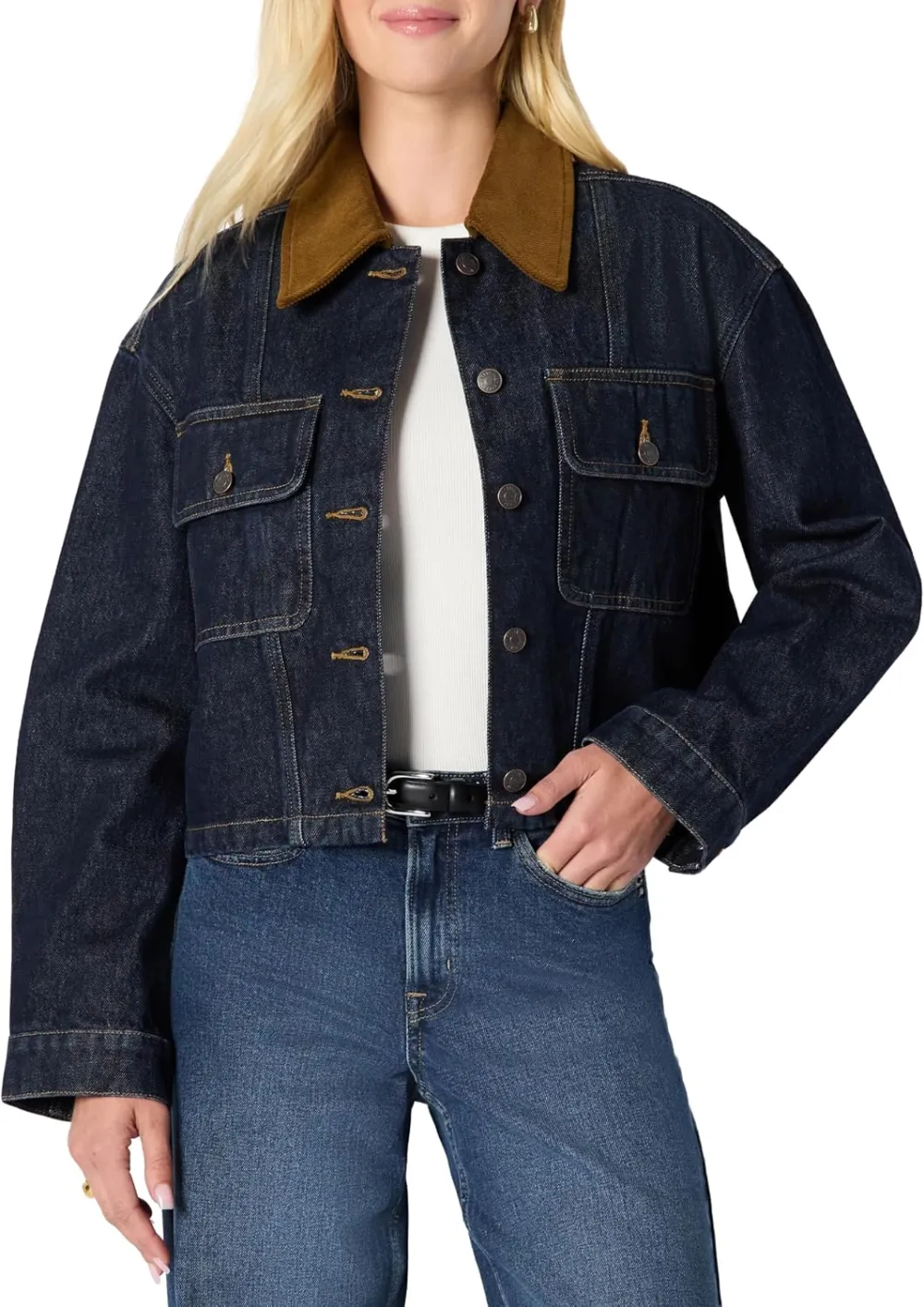 Amazon Essentials Women's Oversized-Fit Cropped Heavyweight Denim Jacket with Contrast Corduroy Collar
