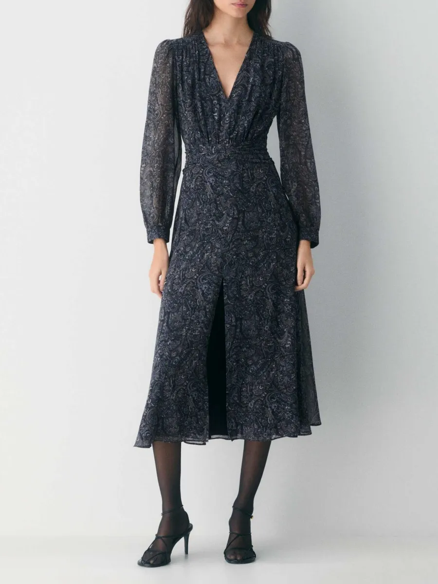 Print V-Neck Long Sleeve Dress