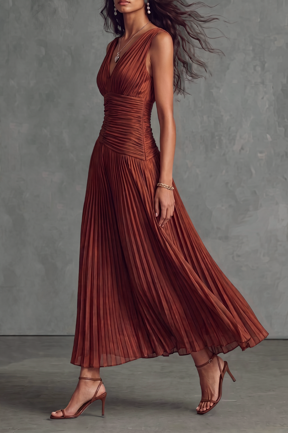V Neck Pleated Striped Midi Dress