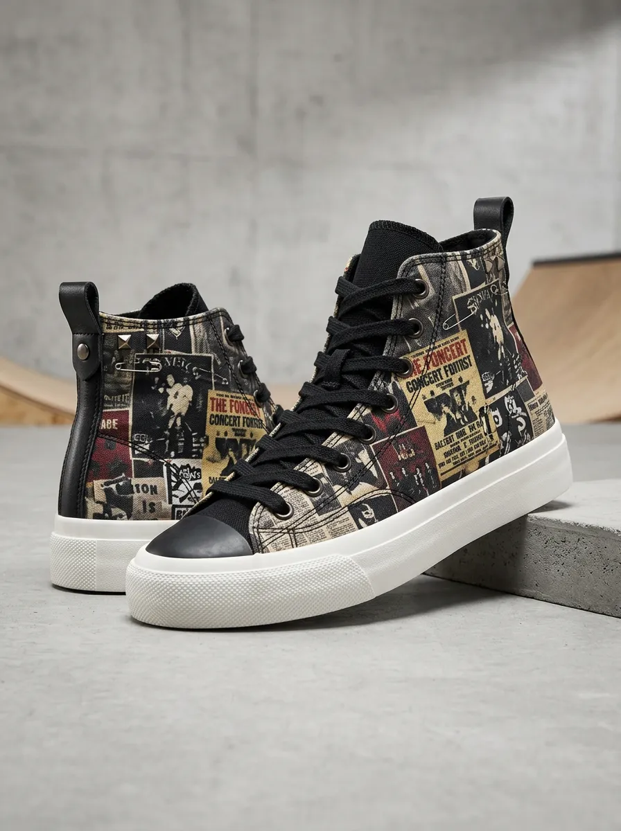 Men's Vintage Concert Poster Collage Printed Canvas Shoes