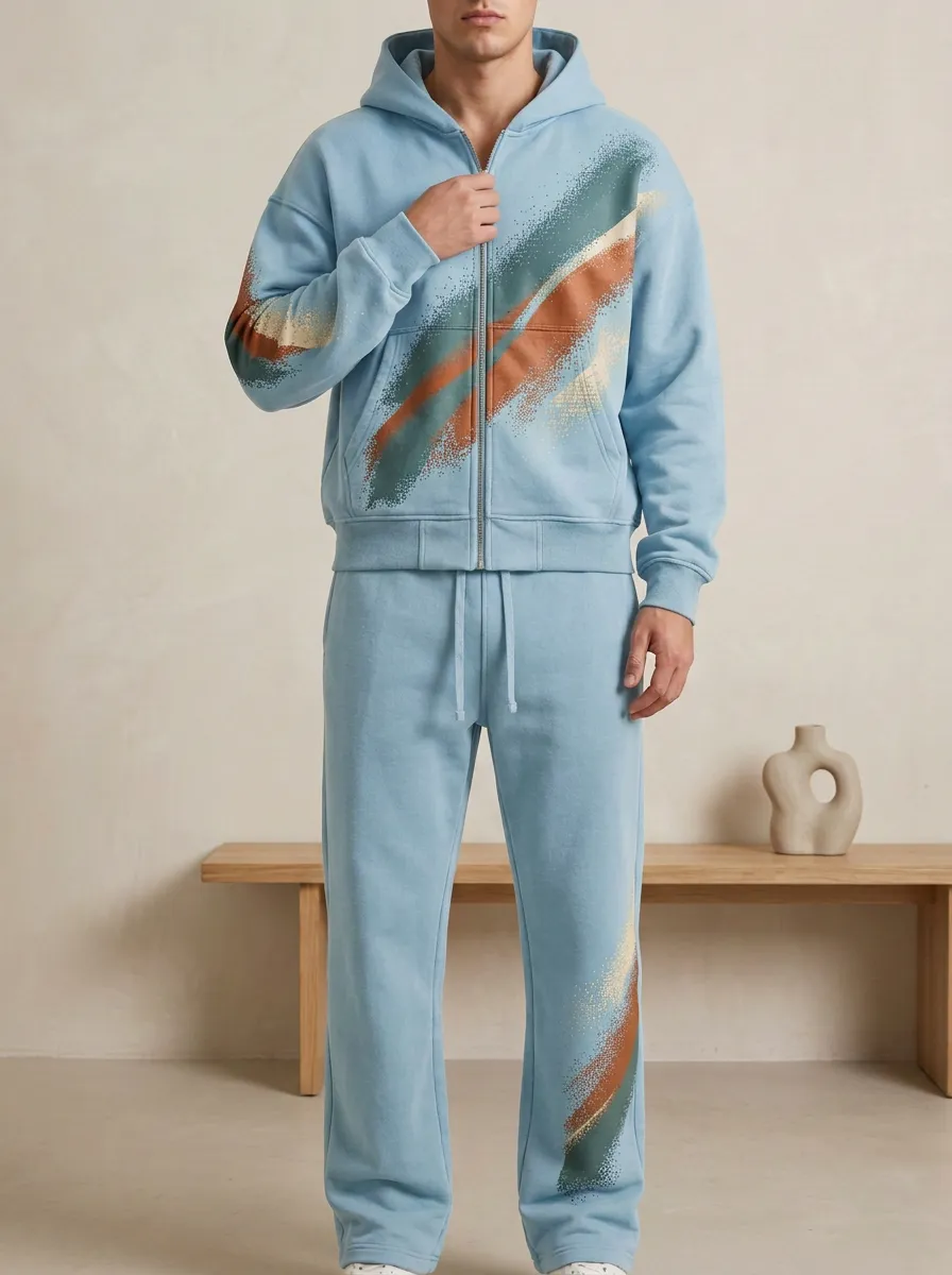 Men's Streetwear Abstract Brushstroke Printed Hooded Tracksuit