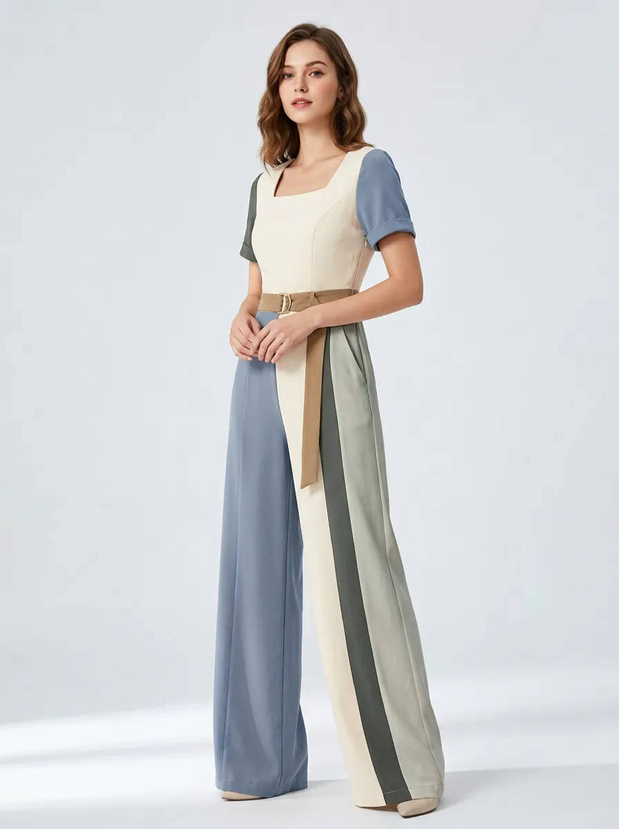 Women's Colorblock Belted Wide Leg Jumpsuit