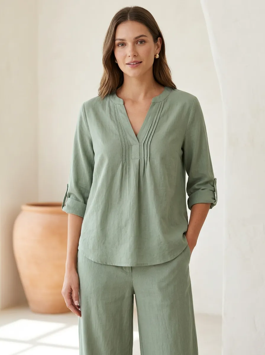 Short-Sleeve Pleated Minimalist Women's V-Neck Casual Lounge Set