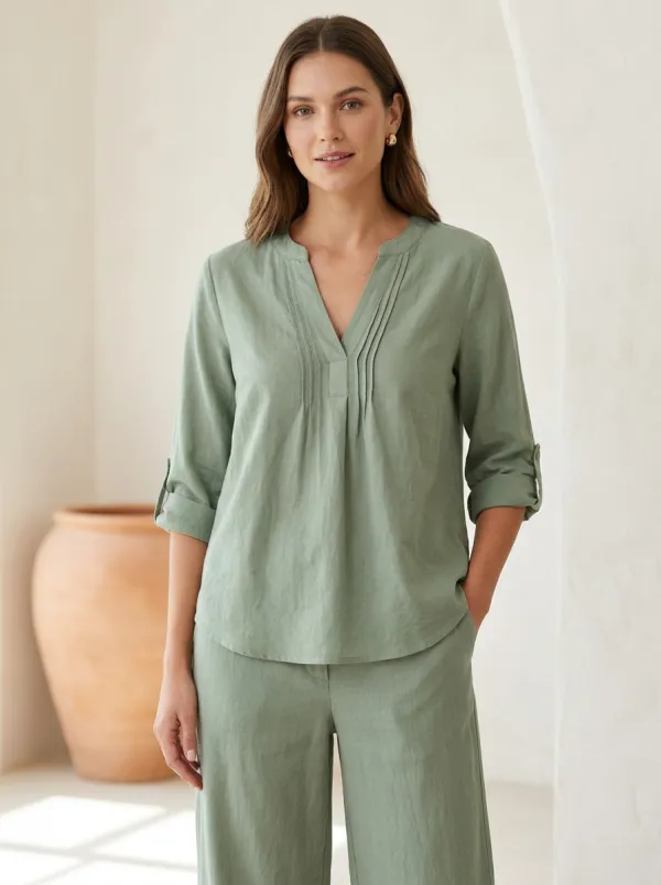 Short-Sleeve Pleated Minimalist Women's V-Neck Casual Lounge Set