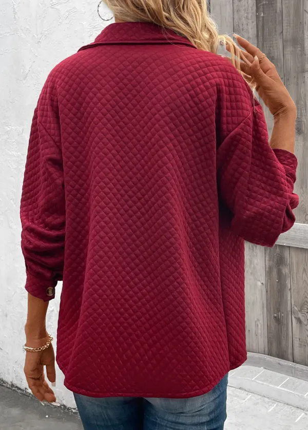 Wine Red Pocket Long Sleeve Turn Down Collar Coat