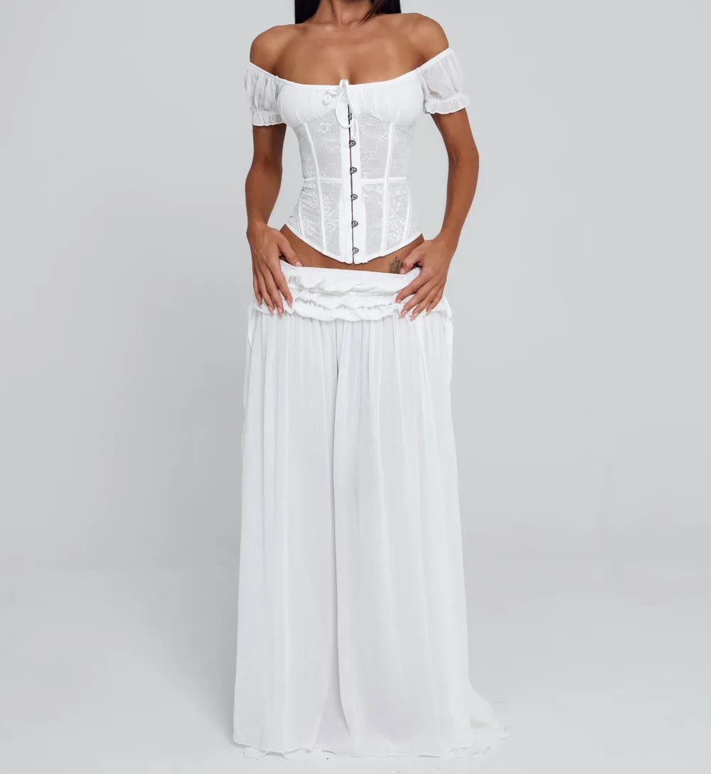 White Lace Trim Puff Sleeve Corset Top
