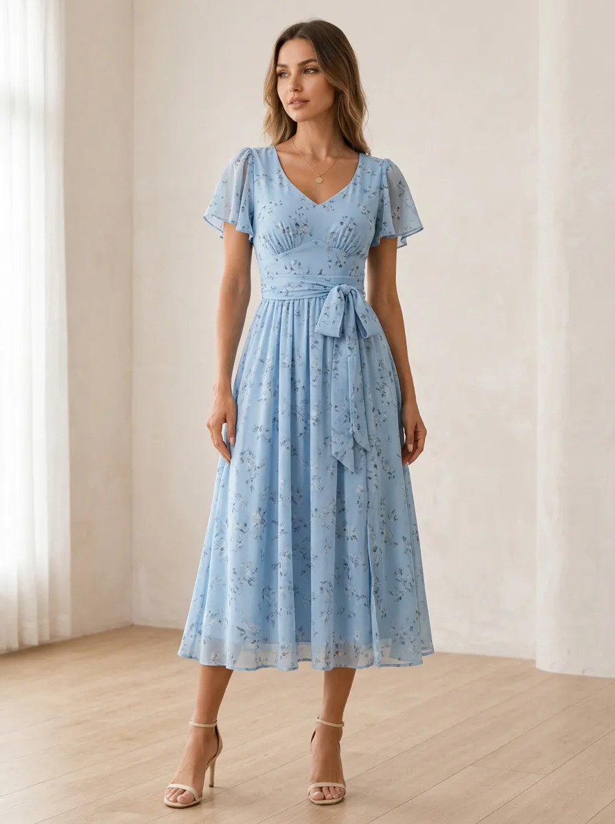 Women's Summer Casual Floral Printed V-Neck Midi Dress