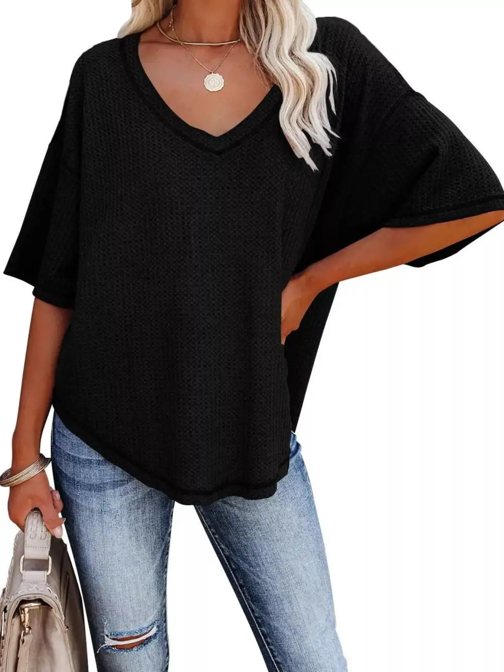 Relaxed V-Neck Short-Sleeve Knit T-Shirt