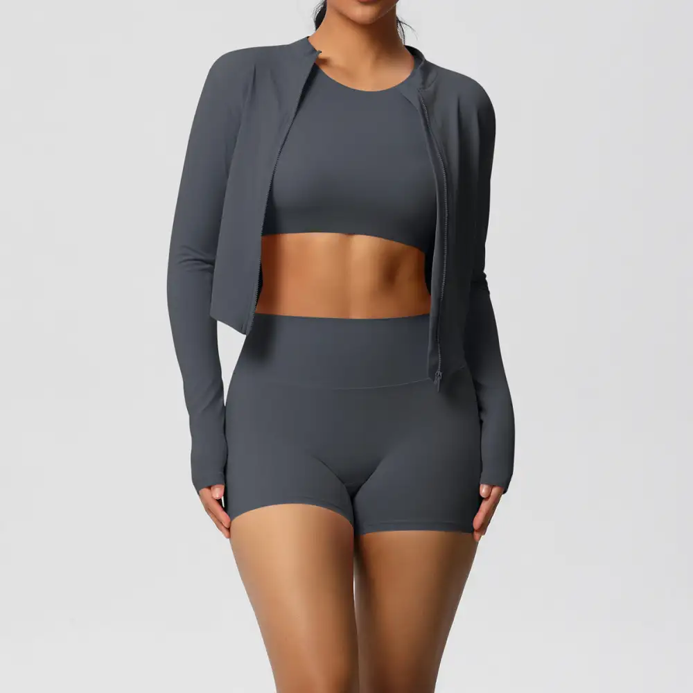 Zip-Front Long-Sleeve Jacket, Bra and Shorts Active Set