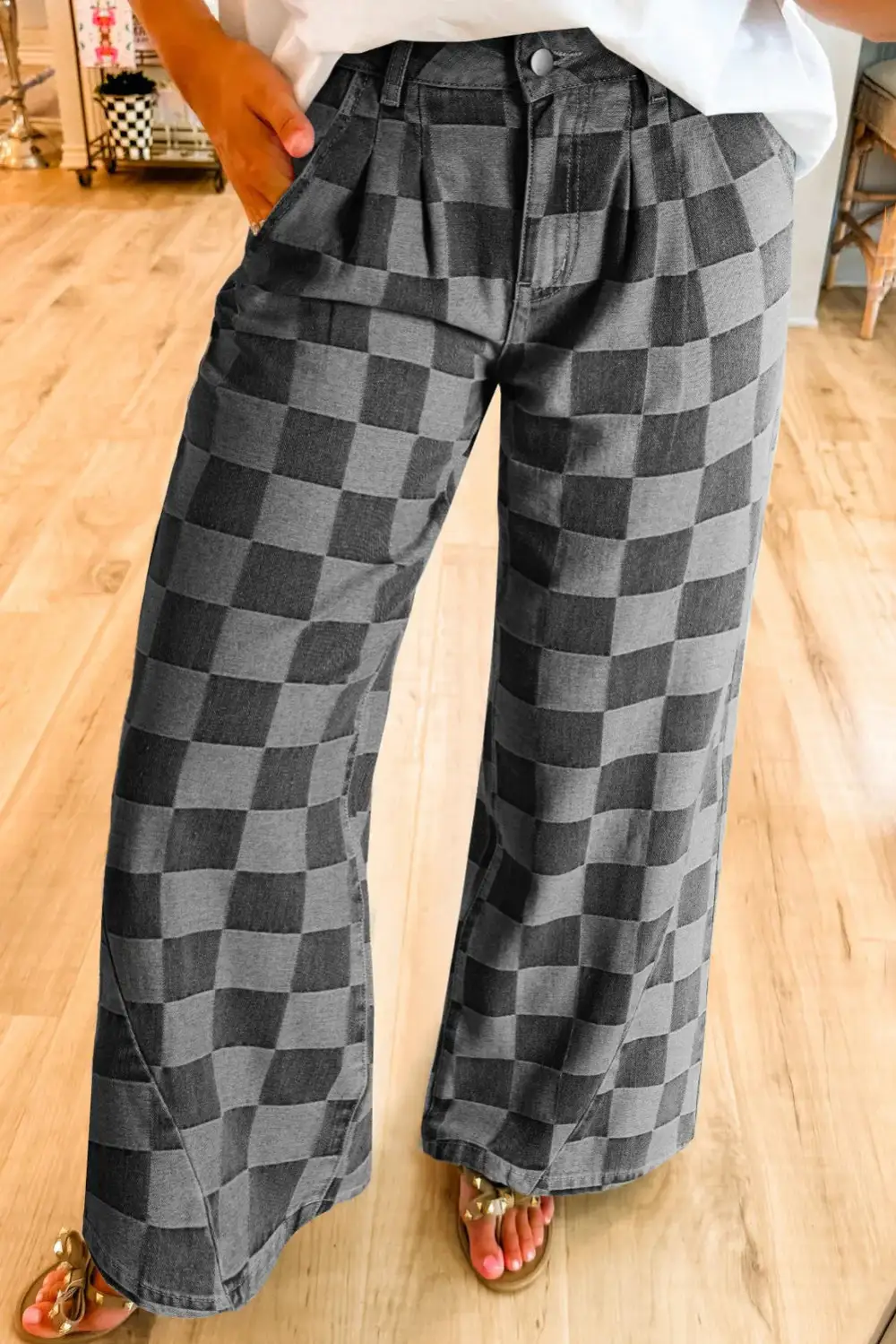 Checkered Wide Leg Pocket Denim Jeans