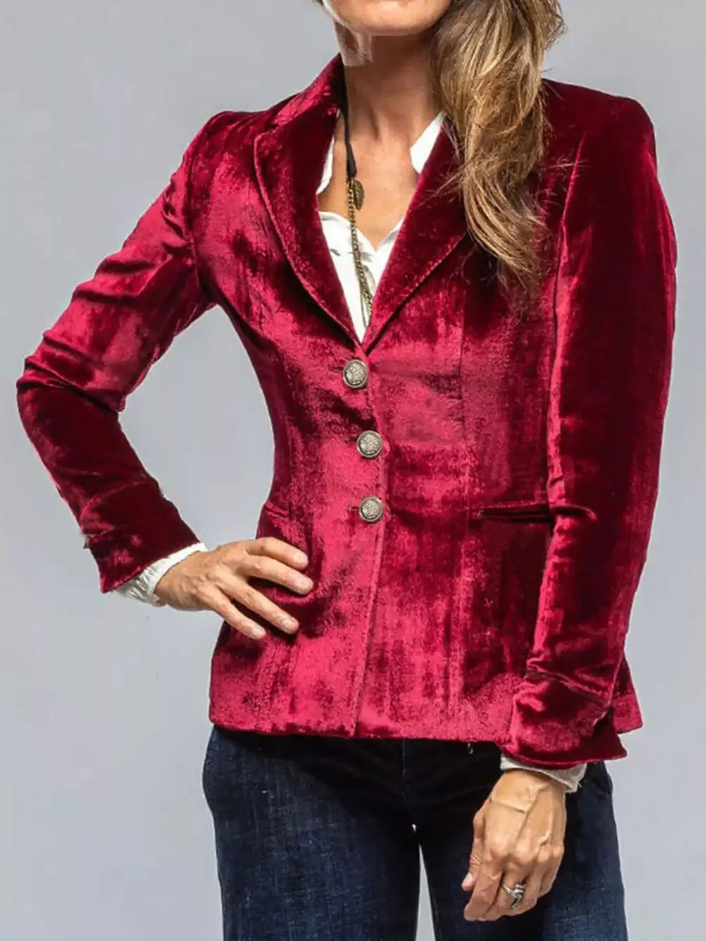 Button-Up Lapel-Collar Velvet Blazer