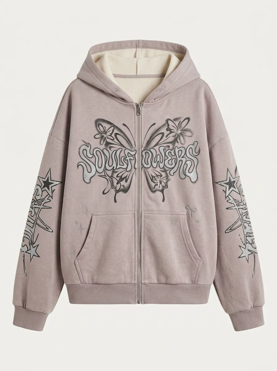 Unisex Streetwear Soulflowers Butterfly Star Printed Zip-up Hoodie