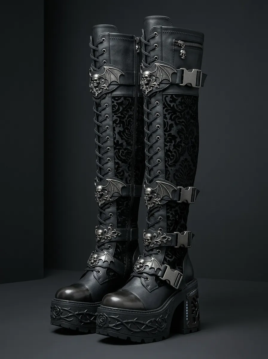 Gothic Revival Skull Bat Wing Victorian Look Women's Gothic Platform Boots