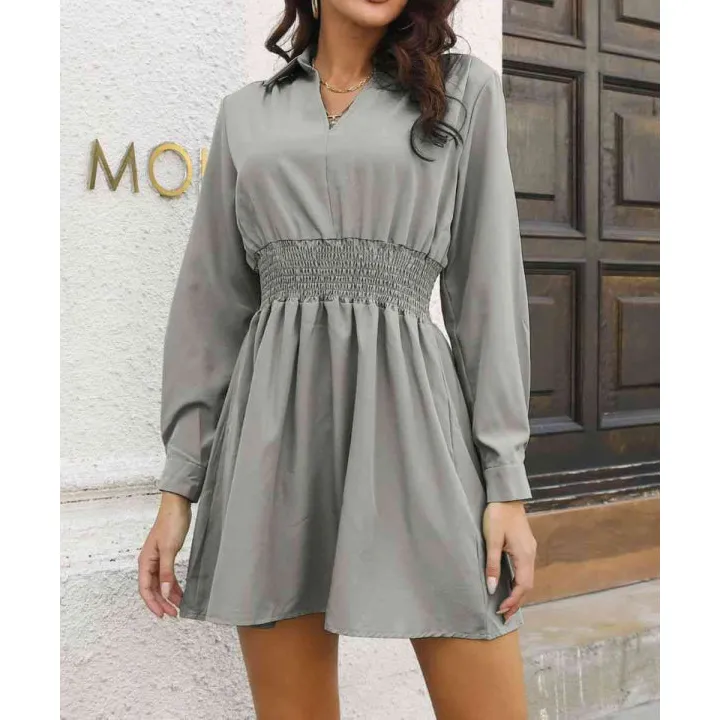 Johnny Collar Smocked Waist Long Sleeve Mini Dress