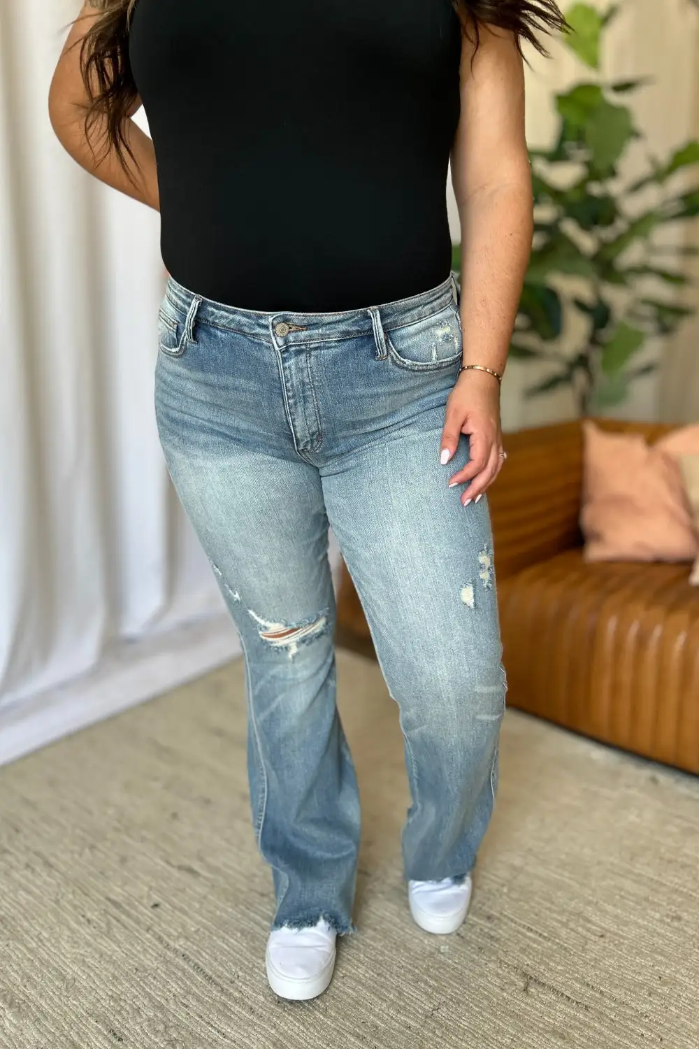 Rise Tummy Control Destroy Flared Denim Jeans