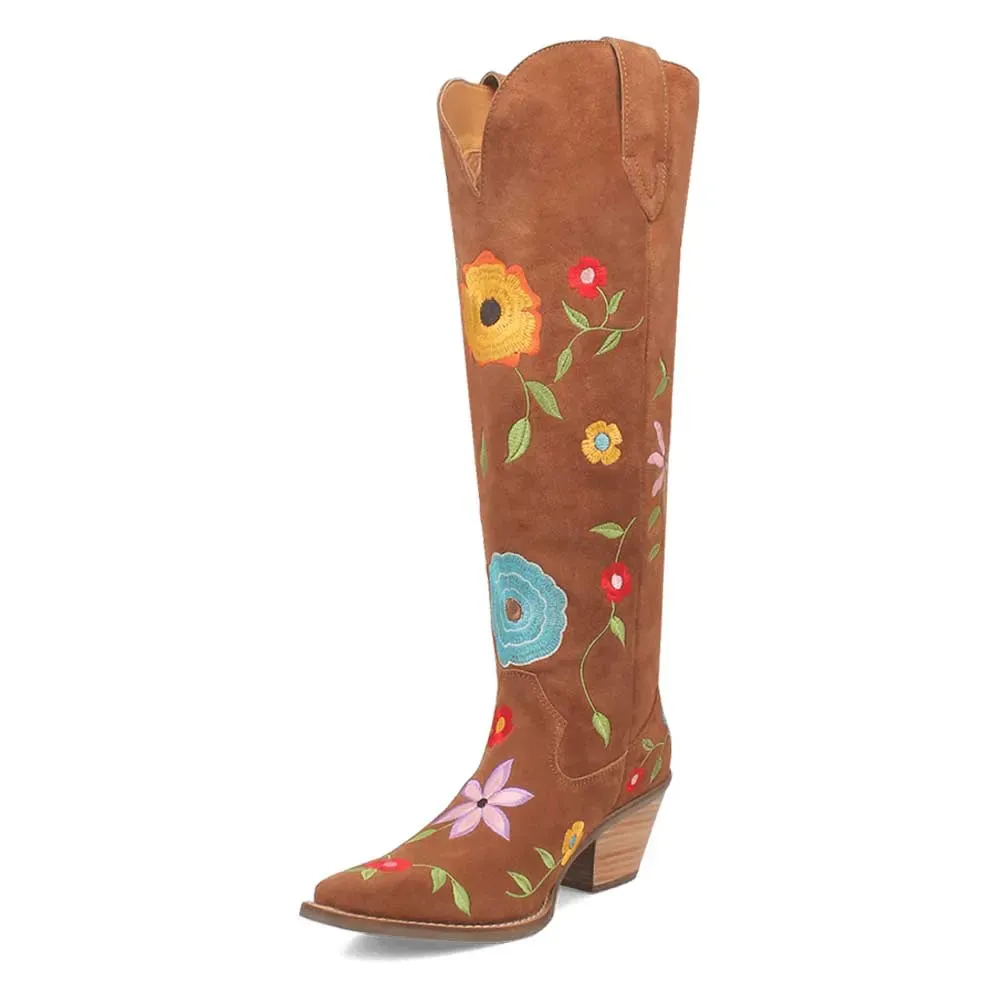 Faux-Suede Embroidered Floral Snip-Toe Over-the-Knee Boots