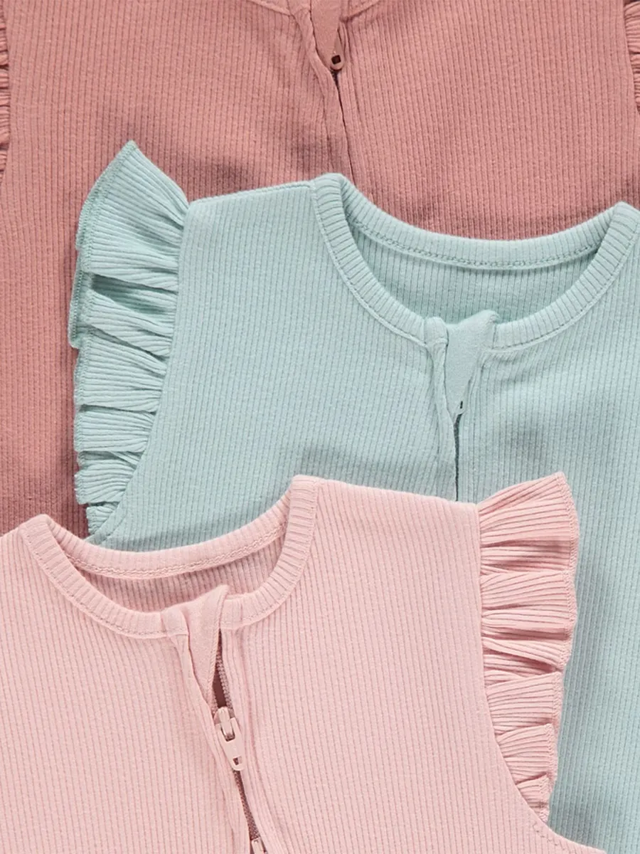 Frill Sleeve Zip Fasten Rompers 3 Pack