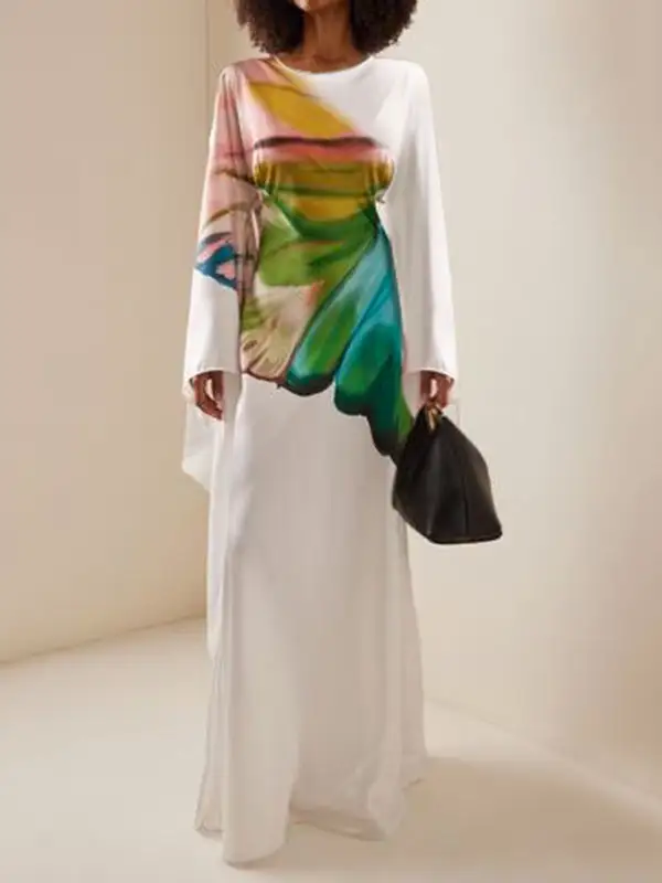 Sleeves Floral Printed Long Neck Maxi Dress