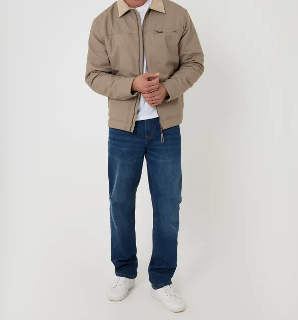 Men's Mushroom Brown Cotton Canvas Jacket with Corduroy Collar