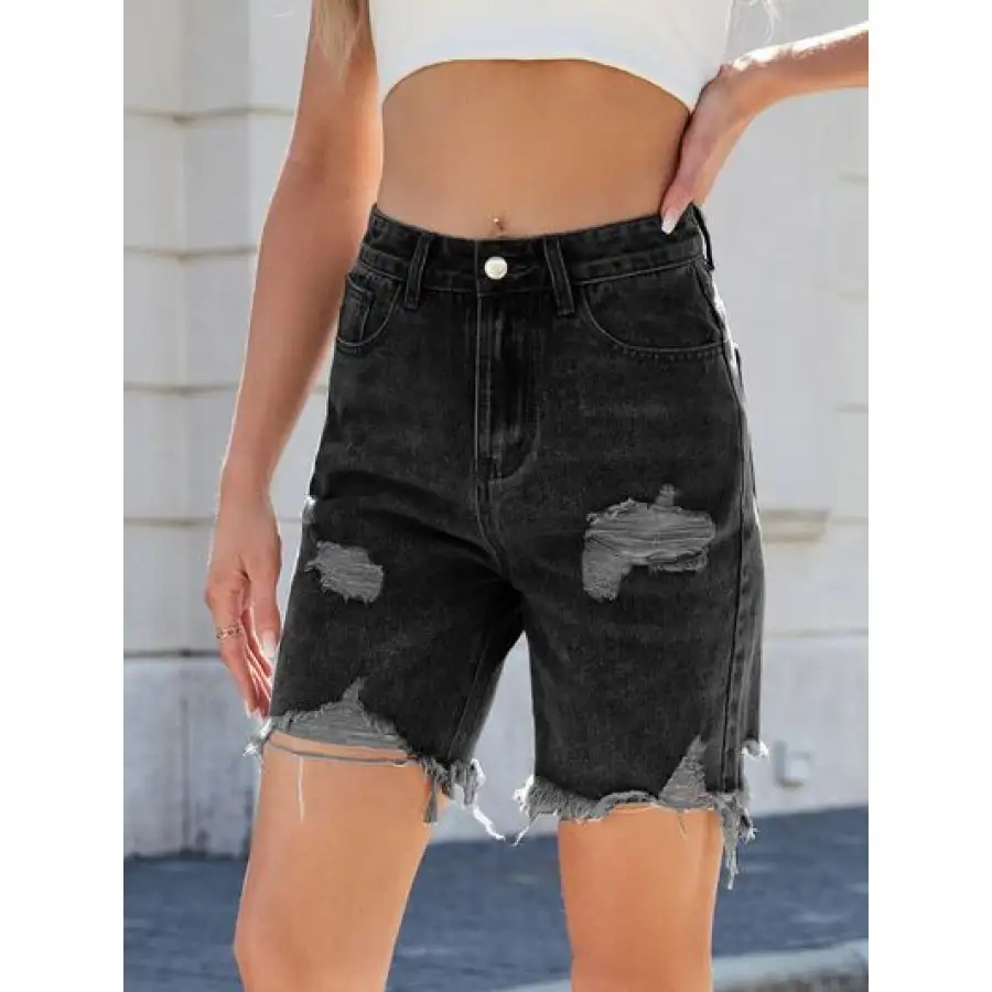 Casual Raw Hem Distressed Denim Shorts
