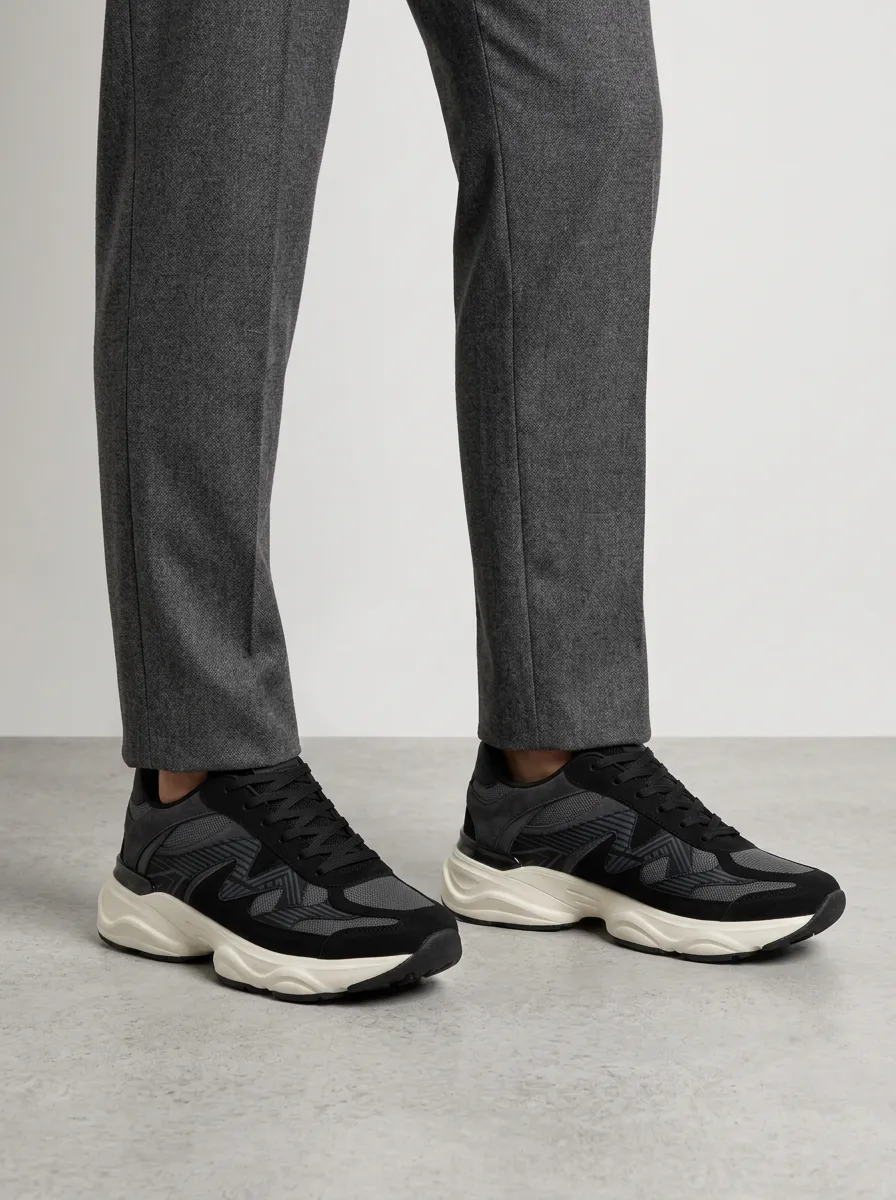 Men's Black Multi-Panel Chunky Sneakers