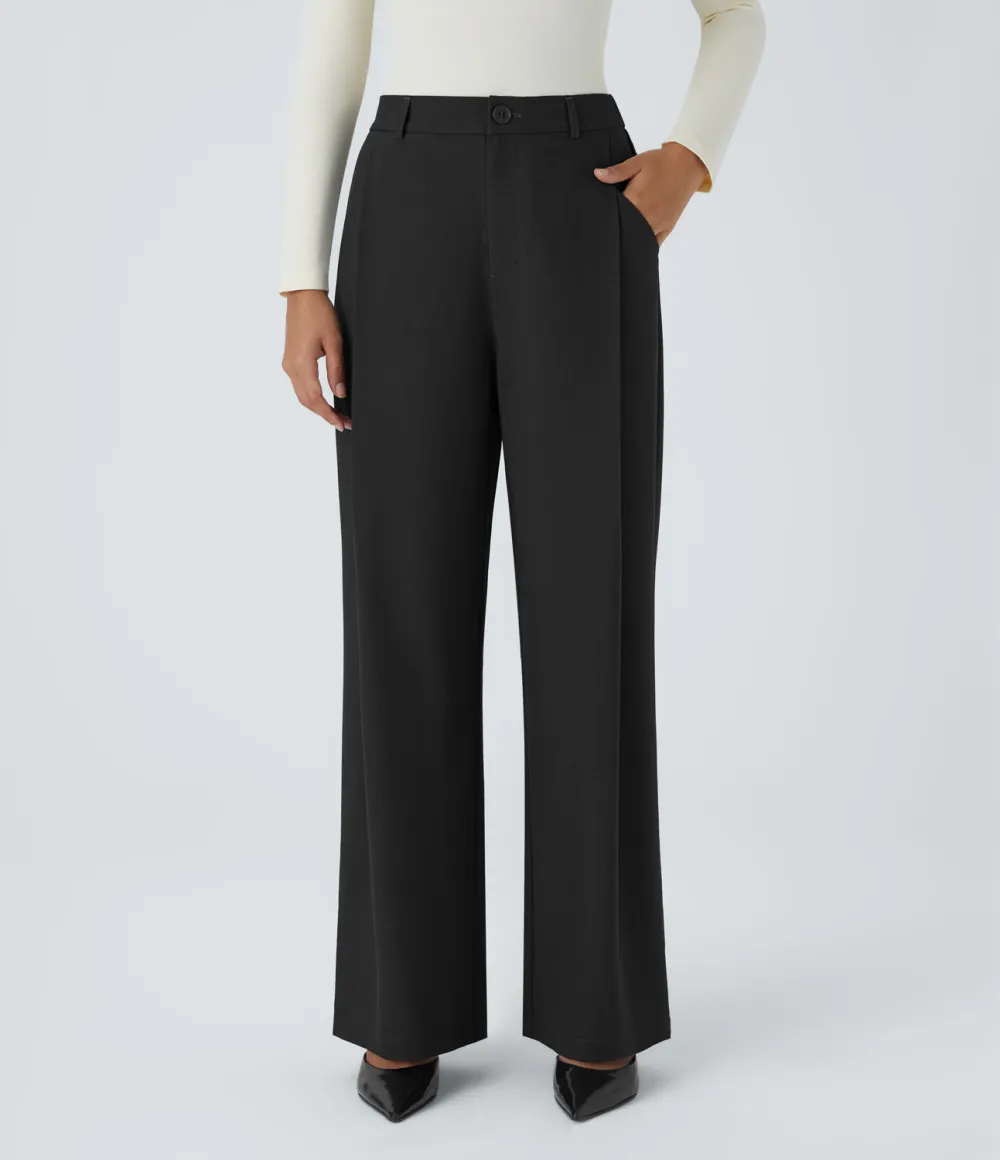 High Waisted Pleated Side Pocket Wide Leg Work Pants