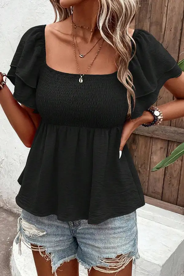 Color Smocked Layered Sleeves Casual Top