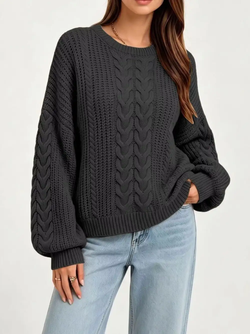 Round Neck Cable Knit Oversized Sweater