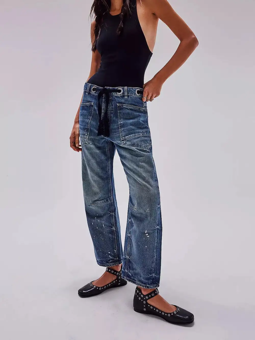 Tailored Wide Leg Washed Denim Jeans