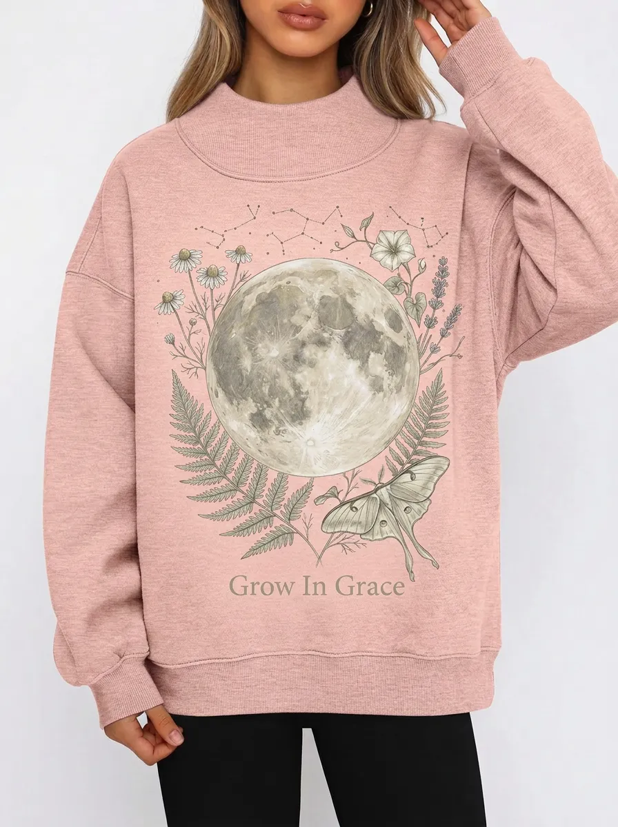 Women's Heather Grey Celestial Moon Moth Floral Mock Neck Sweatshirt