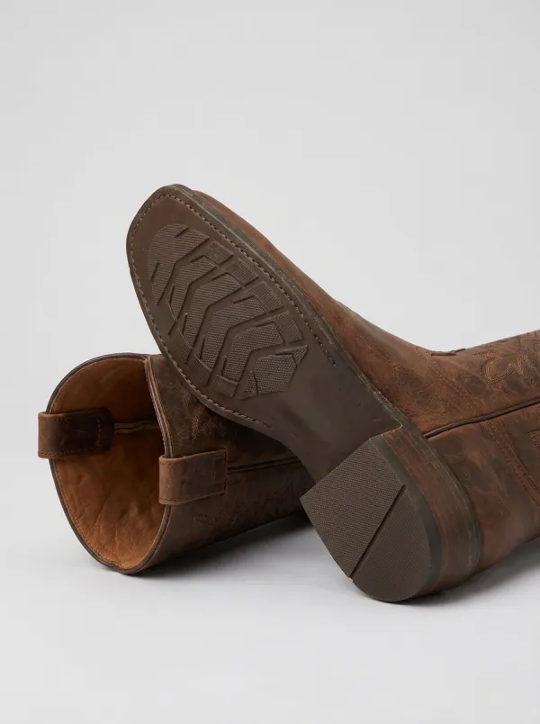 Men's Western Cowboy Brown Leather Embroidered Square Toe Boots