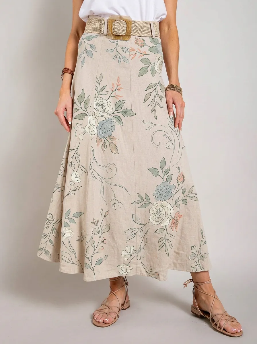 Women's Vintage Floral Botanical Printed Linen-Blend Maxi Skirt