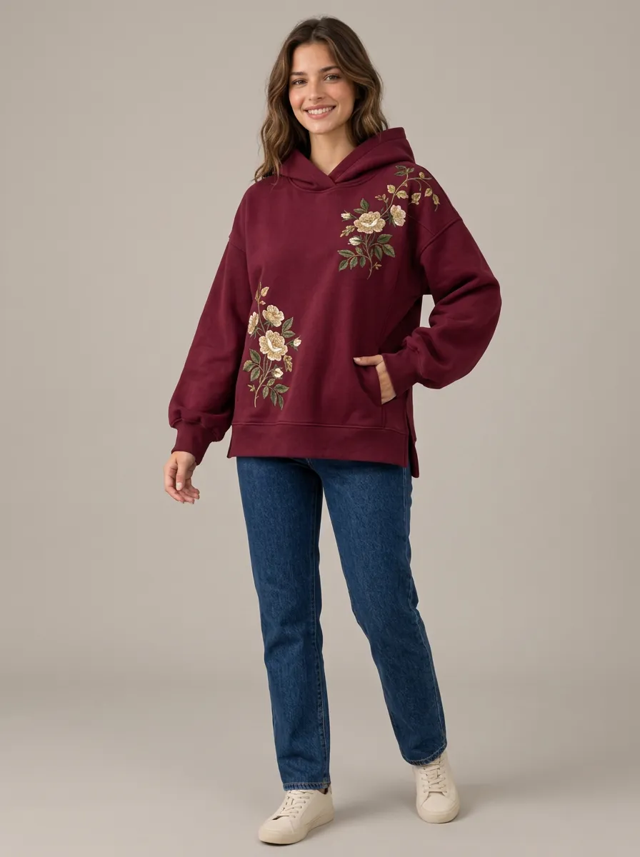 Women's Relaxed Layer Floral Embroidered Graphic Hoodie