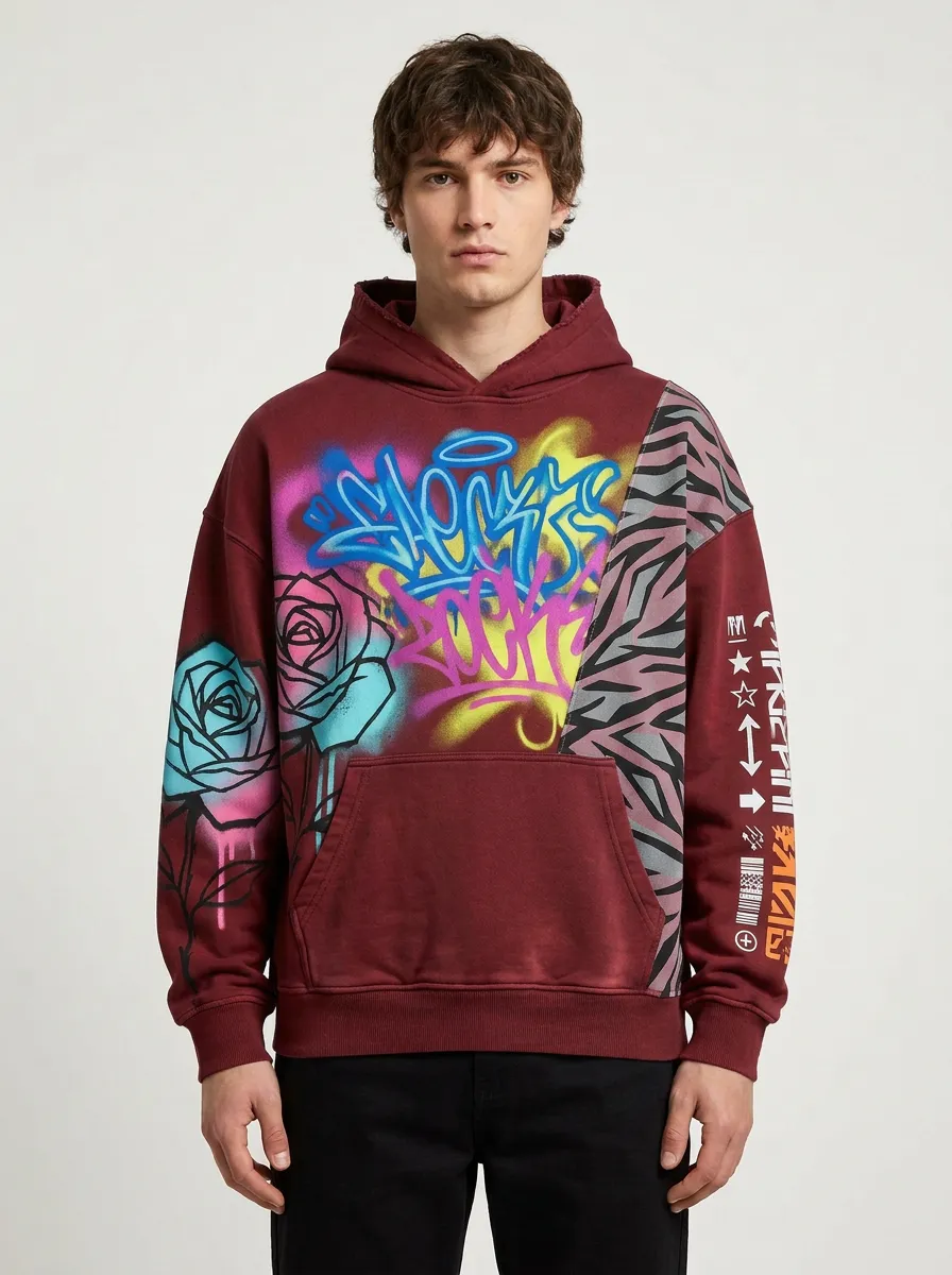 Men's Streetwear Graffiti Rose Zebra Pattern Graphic Hoodie