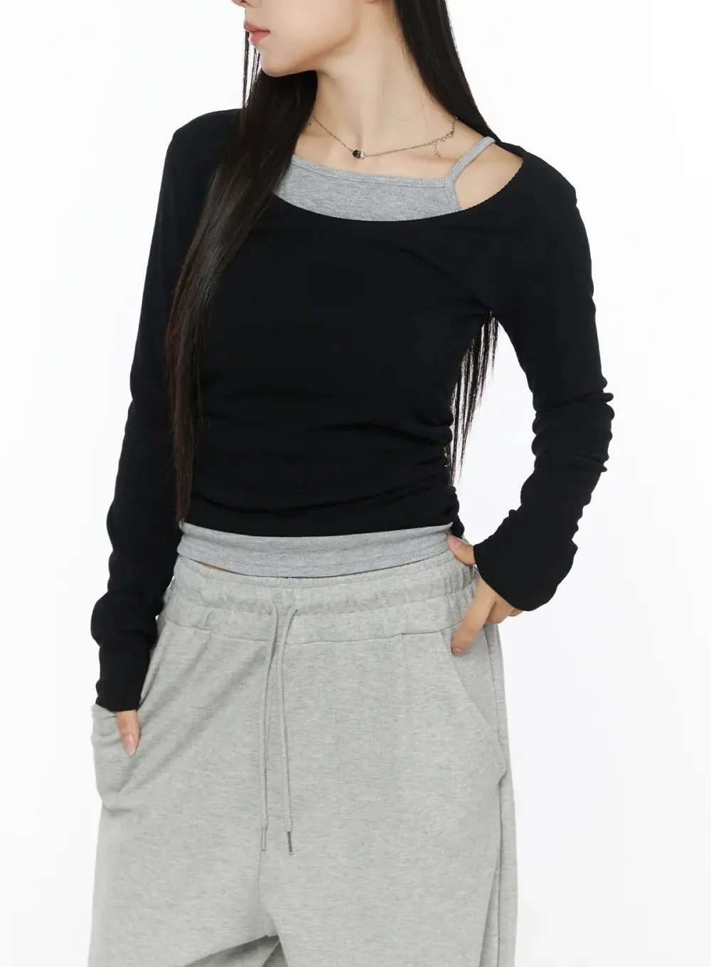 Layered Side-Shirred Long Sleeve Top