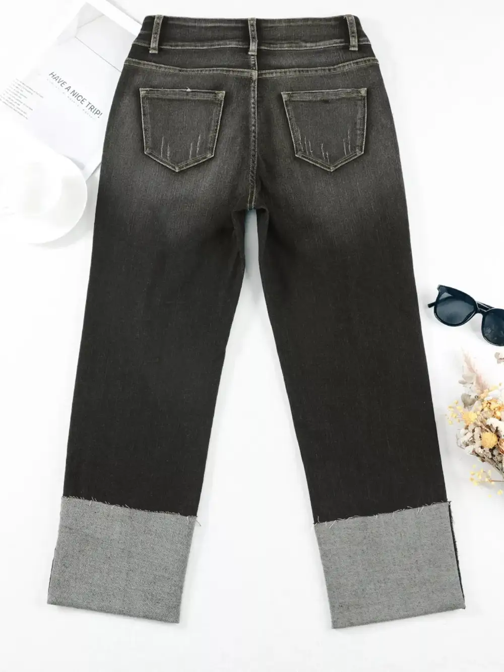 Washed High Waist Straight Leg Distressed Denim Jeans